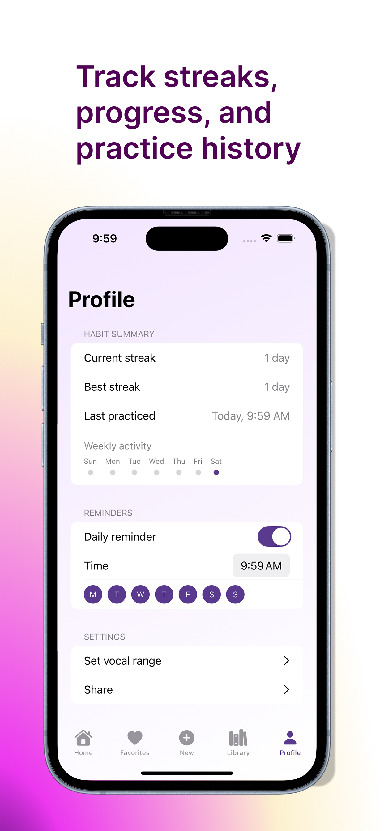 Track streaks, progress, and practice history
